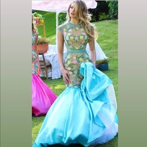 Sherri Hill Blue Nude Floral Beaded Mermaid Formal Prom Dress Size 0 Style 50304